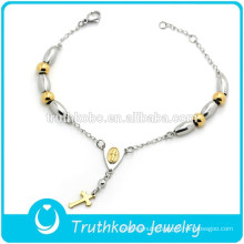 Christianity Jewelry Accessories Wholesale Stainless steel religious two tone gold silver oval bead bracelet with cross charm